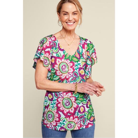SOFT SURROUNDINGS | Floral Paisley V-Neck Flutter Sleeve Elana Tunic | Large - Picture 1 of 7